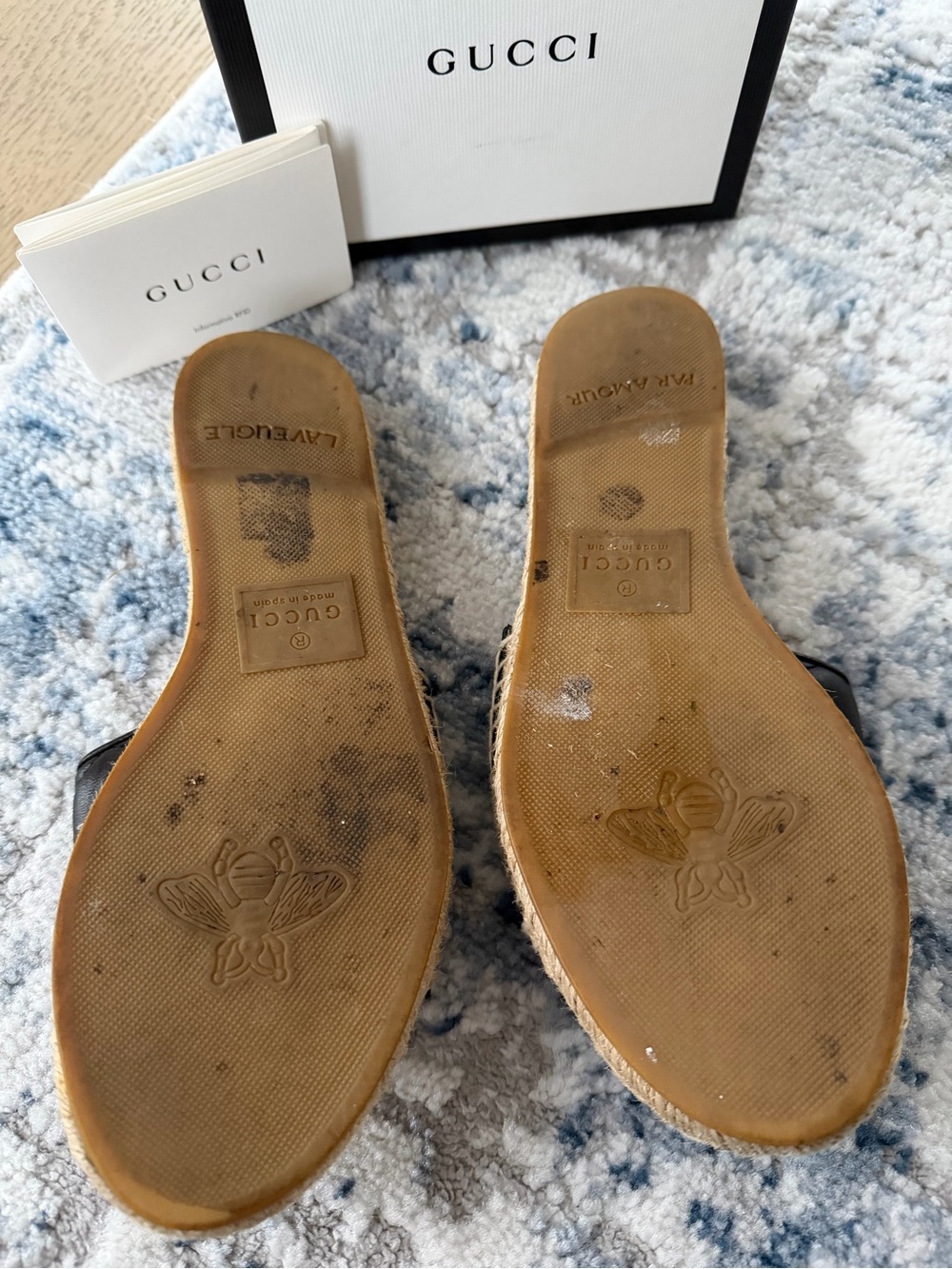Gucci Black Quilted Leather GG Espadrille Slides with Gold Hardware - Picture 5 of 9